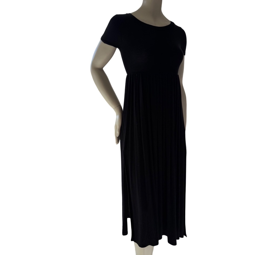 21 Saints‎ Black Midi Dress Empire Waist Side Slit Minimalist Goth 90s XS/S
